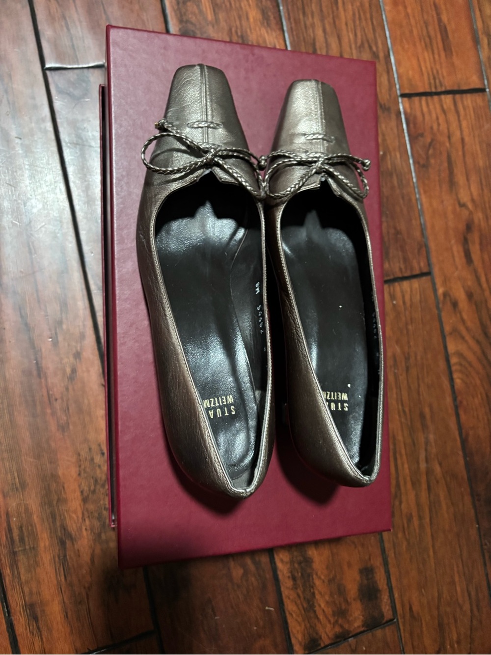 Metallic Bronze Square-Toe Heels with Bow